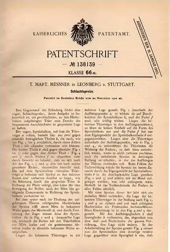 Original Patentschrift -T. Messner in Leonberg ,1901, Schlachtspreize , Schlachter , Metzgerei , Schlachthof , Stuttgart