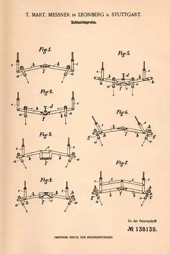 Original Patentschrift -T. Messner in Leonberg ,1901, Schlachtspreize , Schlachter , Metzgerei , Schlachthof , Stuttgart