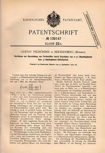 Original Patentschrift - G. Tschörner in Reichenberg / Liberec , 1901 , Darstellung von Farbstoffen , Chemie !!!