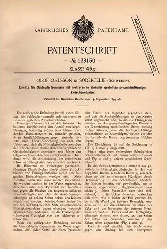 Original Patentschrift - . Ohlsson in Södertälje , Schweden , 1899 , Einsatz für Schleudertrommel , Schleuder !!!