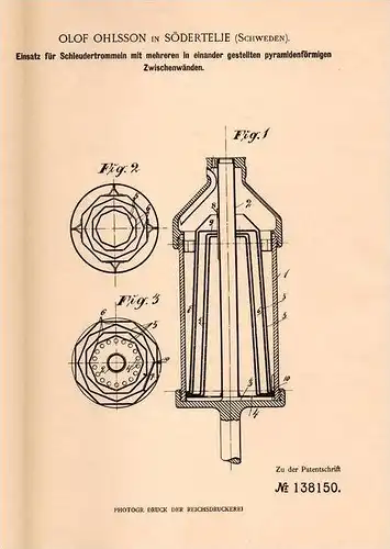 Original Patentschrift - . Ohlsson in Södertälje , Schweden , 1899 , Einsatz für Schleudertrommel , Schleuder !!!