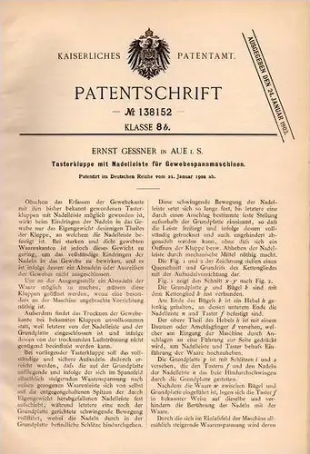 Original Patentschrift - E. Gessner in Aue i.S., 1902 , Tasterkluppe für Gewebe - Spannmaschinen , Textilien !!!