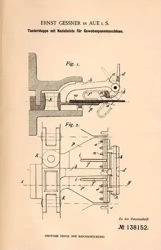 Original Patentschrift - E. Gessner in Aue i.S., 1902 , Tasterkluppe für Gewebe - Spannmaschinen , Textilien !!!