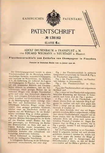 Original Patentschrift - A. Drusenbaum u. E. Wegmann in Frankfurt und Neustadt a.H., 1902 , Champagner - Enthefer , Hefe