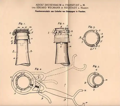 Original Patentschrift - A. Drusenbaum u. E. Wegmann in Frankfurt und Neustadt a.H., 1902 , Champagner - Enthefer , Hefe