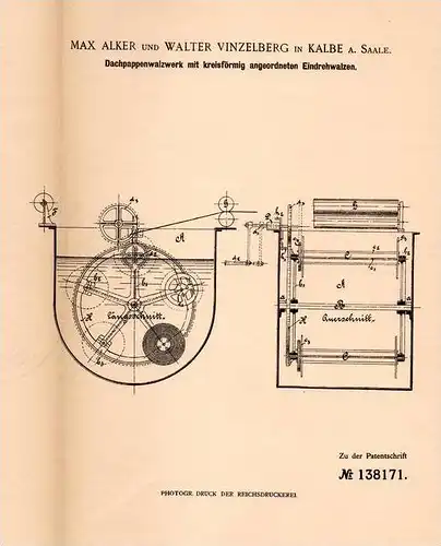 Original Patentschrift - Max Alker und W. Vinzelberg in Grimma a.S., 1901 , Walzwerk für Dachpappe , Dachdecker , Dach !