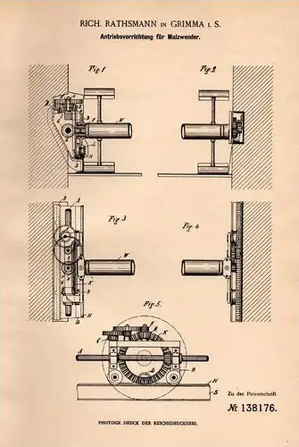 Original Patentschrift - R. Rathsmann in Grimma i.S., 1901 , Malzwender , Malz , Landwirtschaft , Agrar !!!