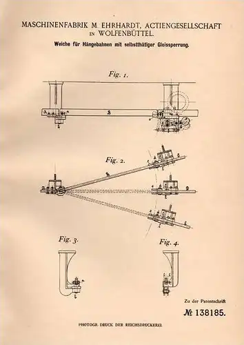 Original Patentschrift - Maschinenfabrik Ehrhardt AG in Wolfenbüttel , 1902, Weiche für Hängebahn , Seilbahn , Skytrain