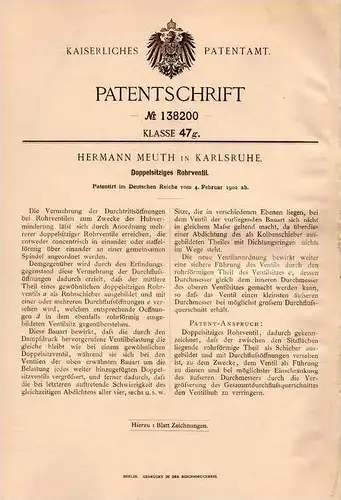 Original Patentschrift - H. Meuth in Karlsruhe , 1902 , Rohrventil , Klempner !!!