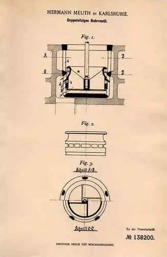 Original Patentschrift - H. Meuth in Karlsruhe , 1902 , Rohrventil , Klempner !!!