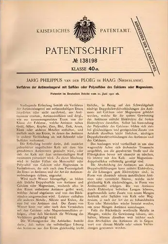 Original Patentschrift - J.P. van der Ploeg in Haag , 1901 , Antimonlaugerei von Calcium und Magnesium , Chemie !!!