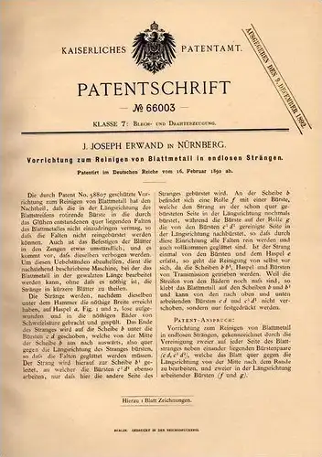 Original Patentschrift - J. Erwand in Nürnberg , 1892 , Reinigung von Blattmetall , Blech !!!