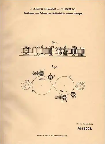 Original Patentschrift - J. Erwand in Nürnberg , 1892 , Reinigung von Blattmetall , Blech !!!