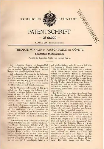 Original Patentschrift - T. Winkler in Rauschwalde b. Görlitz , 1892, Verschluß für Weiche , Weichen , Gleis , Eisenbahn
