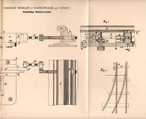 Original Patentschrift - T. Winkler in Rauschwalde b. Görlitz , 1892, Verschluß für Weiche , Weichen , Gleis , Eisenbahn
