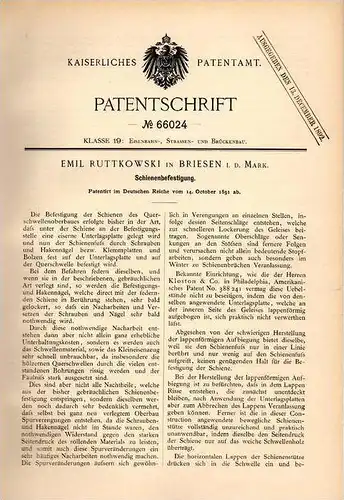 Original Patentschrift - E. Ruttkowski in Briesen / Mark , 1891 , Schienen - Befestigung , Schiene , Eisenbahn , Gleis !