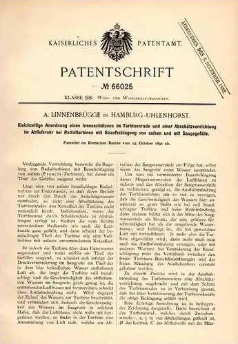 Original Patentschrift - A. Linnenbrügge in Hamburg - Uhlenhorst , 1891 , Turbine , Wasserwerk  !!!