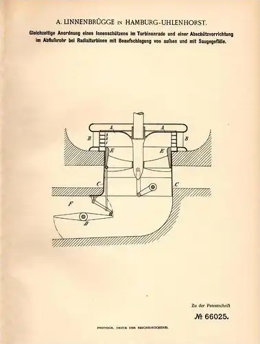 Original Patentschrift - A. Linnenbrügge in Hamburg - Uhlenhorst , 1891 , Turbine , Wasserwerk  !!!