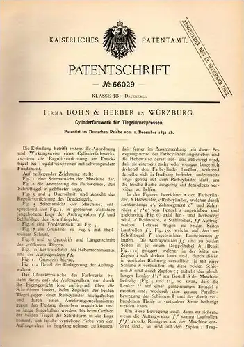 Original Patentschrift - Bohn & Herber in Würzburg 1891, Tiegeldruckpresse , Druckerei , Tiegeldruck , Buchdruck , Druck