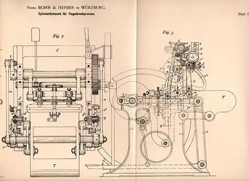 Original Patentschrift - Bohn & Herber in Würzburg 1891, Tiegeldruckpresse , Druckerei , Tiegeldruck , Buchdruck , Druck