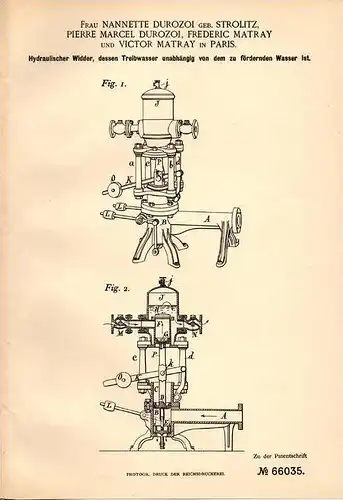 Original Patentschrift - N. Durozoi / Strolitz und V. Matray in Paris , 1891 , Hydrant , bouche d´incendie  !!!