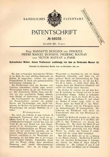 Original Patentschrift - N. Durozoi / Strolitz und V. Matray in Paris , 1891 , Hydrant , bouche d´incendie  !!!