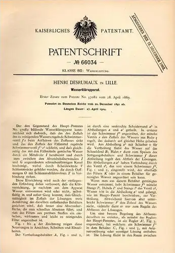 Original Patentschrift - H. Desrumaux in Lille , 1891 , eau filtrée aparat clair , station hydraulique !!!