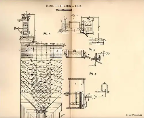 Original Patentschrift - H. Desrumaux in Lille , 1891 , eau filtrée aparat clair , station hydraulique !!!