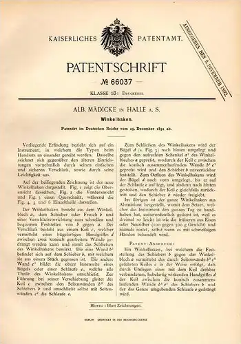 Original Patentschrift - A. Mädicke in Halle a.S., 1891 , Druckerei , Type , Druck , Winkelhaken !!!