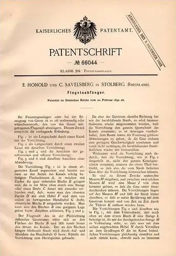 Original Patentschrift - E. Honold und C. Savelsberg in Stolberg , 1892 , Flugstaubfänger , Heizung , Feuerung !!!