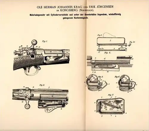 Original Patentschrift - O. Krag und E. Jörgensen in Kongsberg , 1892 , Gewehr , rifle , Waffe , Jagd , hunting !!!