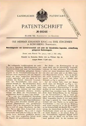 Original Patentschrift - O. Krag und E. Jörgensen in Kongsberg , 1892 , Gewehr , rifle , Waffe , Jagd , hunting !!!