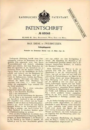 Original Patentschrift -M. Diehl in Zweibrücken / Deux-Ponts ,1892,Spülapparat für Fässer , Faß , Fass , Bier , Brauerei