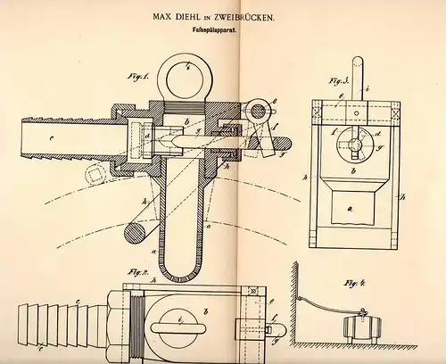 Original Patentschrift -M. Diehl in Zweibrücken / Deux-Ponts ,1892,Spülapparat für Fässer , Faß , Fass , Bier , Brauerei