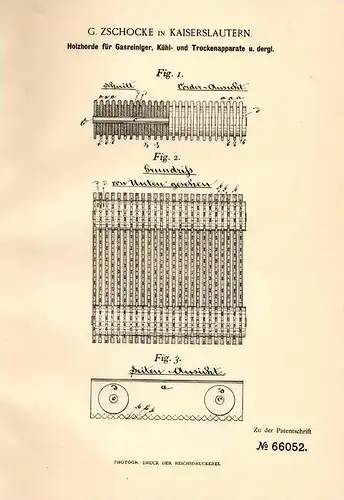 Original Patentschrift - G. Zschocke in Kaiserslautern , 1892 , Kühl- und Trockenapparat , Holzhorde , Gas !!!