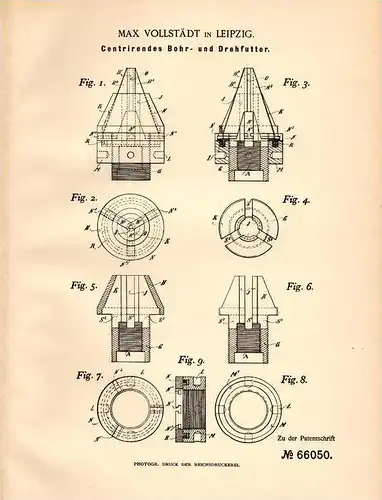 Original Patentschrift - Max Vollstädt in Leipzig , 1892 , Bohr- und Drehfutter , Dreherei , Bohrmaschine , Drehbank !!!