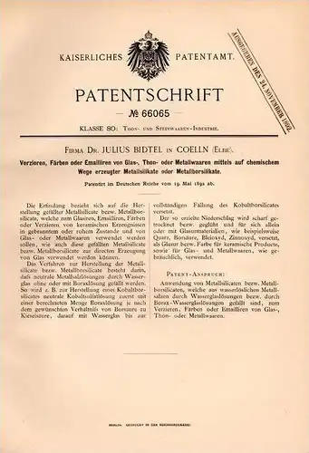 Original Patentschrift - Dr. Julius Bidtel in Cölln b. Meißen , 1892 , Emaillieren , Färben von Glas , Emaille !!!