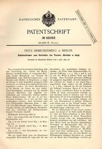 Original Patentschrift - F. Immeckenberg in Berlin , 1892 , Erdbohrer für Eisenbahn - Tunnel , Tunnelbau , Erdbohrung !!
