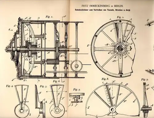 Original Patentschrift - F. Immeckenberg in Berlin , 1892 , Erdbohrer für Eisenbahn - Tunnel , Tunnelbau , Erdbohrung !!