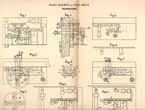 Original Patentschrift - F. Zirkwitz in Cöln - Deutz , 1891, Sicherheitsschloß , Schlüsseldienst , Türschloß , Schlüssel