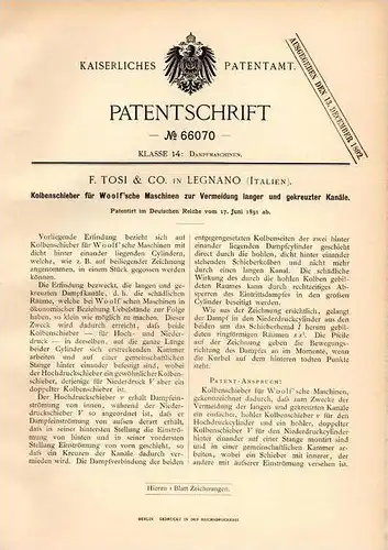 Original Patentschrift - F. Tosi & Co in Legnano / Legnan , 1891 , motore a vaporo , Kolbenschieber für Dampfmaschine !!
