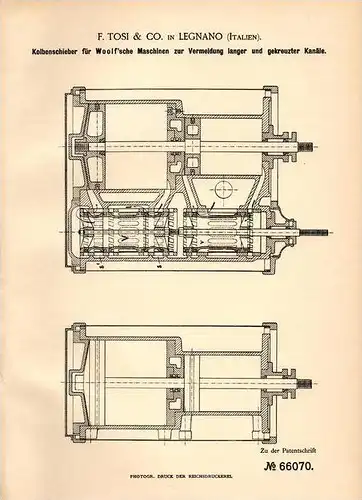 Original Patentschrift - F. Tosi & Co in Legnano / Legnan , 1891 , motore a vaporo , Kolbenschieber für Dampfmaschine !!