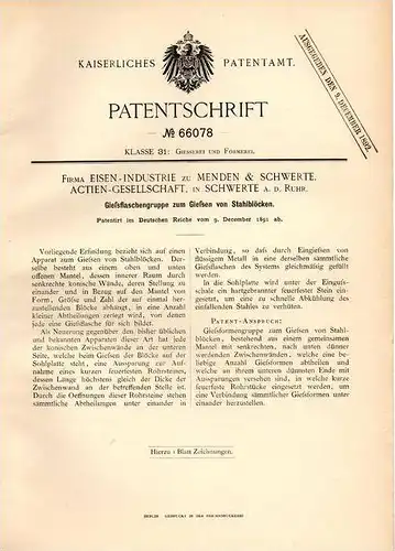 Original Patentschrift - Menden & Schwerte AG in Schwerte a.d. Ruhr , 1891 , Gießen von Stahlblöcken , Stahl , Gießerei