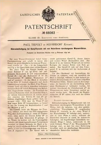 Original Patentschrift - P. Tiepolt in Hermsdorf - Kynast / Sobieszów , 1892 , Dampfkessel , Befestigung , Röhren !!!