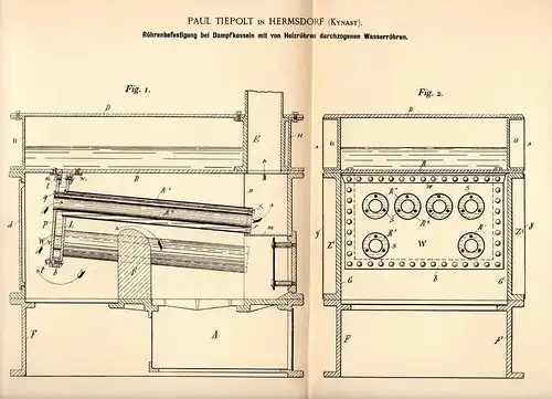 Original Patentschrift - P. Tiepolt in Hermsdorf - Kynast / Sobieszów , 1892 , Dampfkessel , Befestigung , Röhren !!!