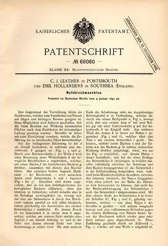 Original Patentschrift - C. Leather und E. Hollanders in Southsea , 1892 , machine for breaking nuts , nut , cores !!!