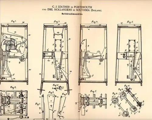 Original Patentschrift - C. Leather und E. Hollanders in Southsea , 1892 , machine for breaking nuts , nut , cores !!!