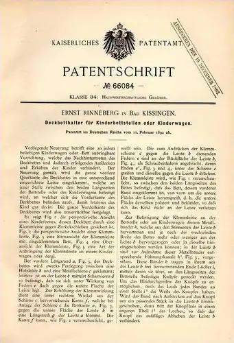 Original Patentschrift - E. Rinneberg in Bad Kissingen , 1892, Kinderwagen , Kinderbett , Deckbetthalter , Kinder , Kind