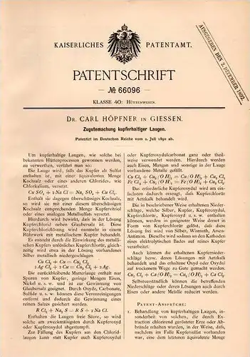Original Patentschrift - Dr. Carl Höpfner in Giessen , 1890 , kupferhaltige Laugen , Lauge , Chemie , Hütte !!!