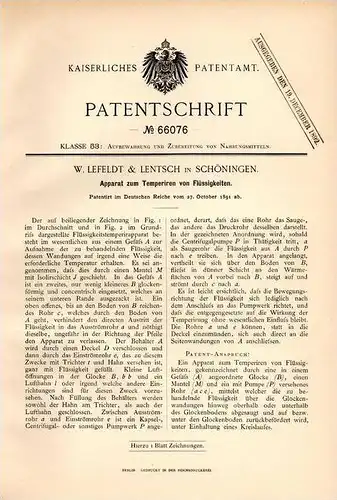 Original Patentschrift - W. Lefeldt & Lentsch in Schöningen , 1891 , Apparat für Flüssigkeiten , Nahrung , Ernährung !!!